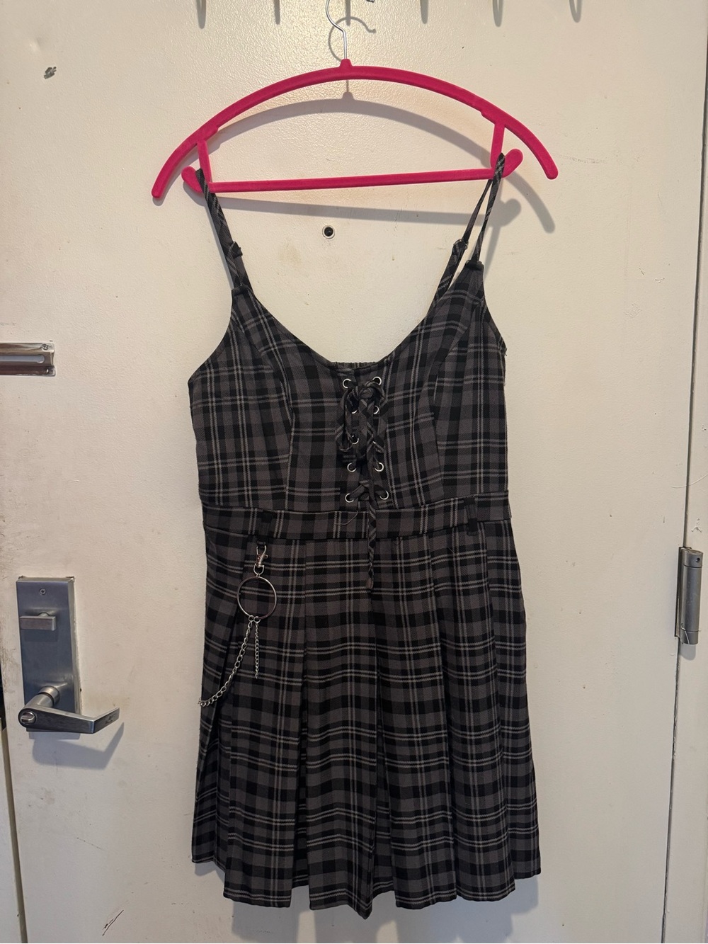 Hot Topic Black Plaid Lace-Up Mini Dress with Chain Accent